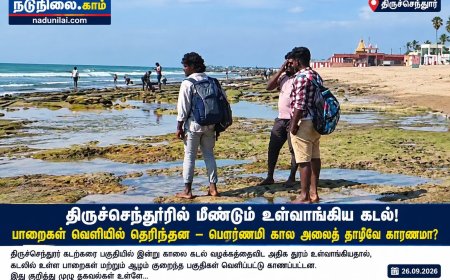 திருச்செந்தூரில் மீண்டும் உள்வாங்கிய கடல்! பாறைகள் வெளியில் தெரிந்தன – பௌர்ணமி கால அலைத் தாழ்வே காரணமா?