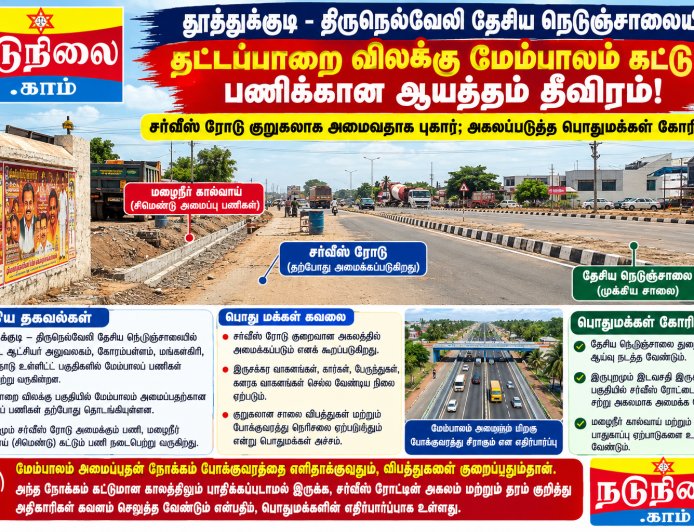 தட்டப்பாறை விலக்கில் மேம்பாலம் கட்டும் பணி - சர்வீஸ் ரோடு குறுகலாக அமைவதாக புகார்