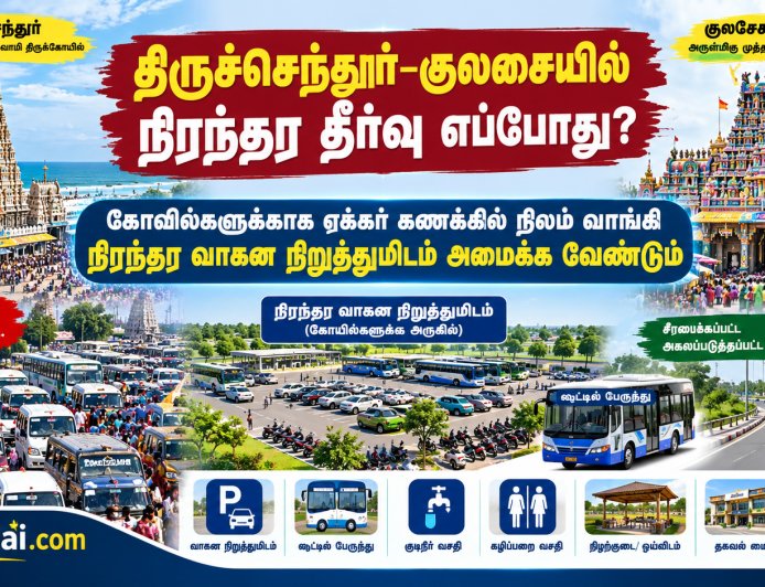 திருச்செந்தூர்–குலசையில் பக்தர்கள் நெரிசலுக்கு நிரந்தர தீர்வு - கோவில்களுக்கு நிலம் வாங்கி வாகனங்களை நிறுத்துவது
