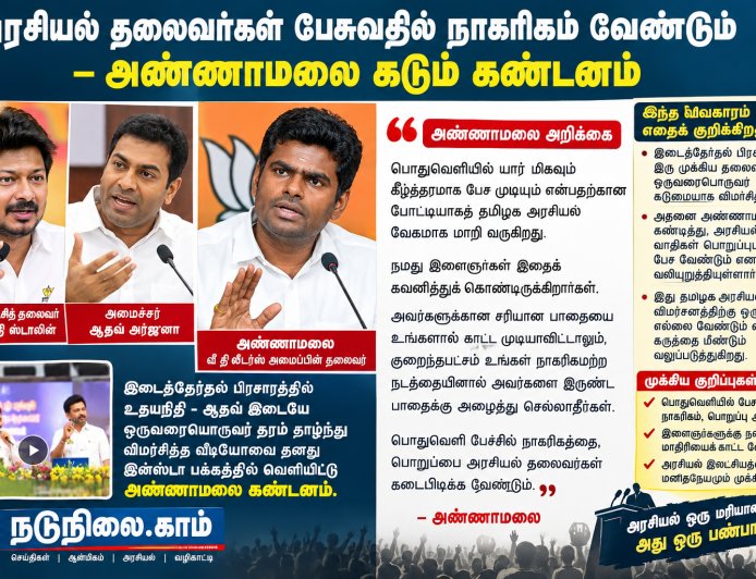 பொதுவெளியில் கீழ்த்தரமாக பேசுவதில் போட்டியா? உதயநிதி – ஆதவ் பேச்சுக்கு அண்ணாமலை கண்டனம்