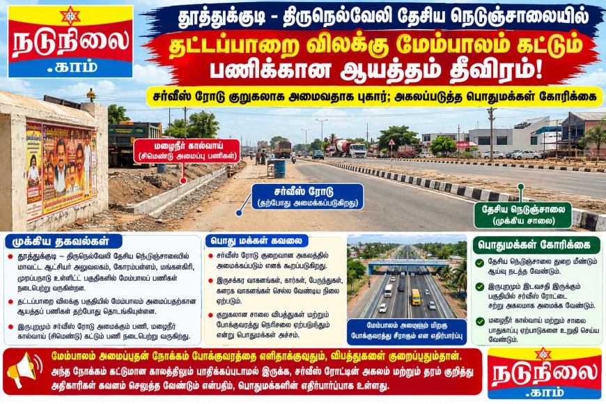 தட்டப்பாறை விலக்கில் மேம்பாலம் கட்டும் பணி - சர்வீஸ் ரோடு குறுகலாக அமைவதாக புகார்