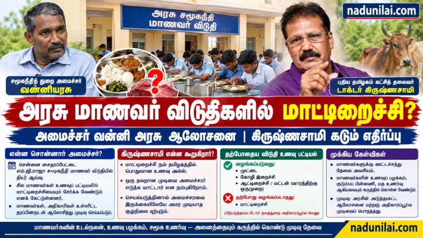 சமூகநீதி விடுதிகளில் மாட்டிறைச்சி? அமைச்சர் வன்னி அரசு ஆலோசனை – கிருஷ்ணசாமி கடும் எதிர்ப்பு