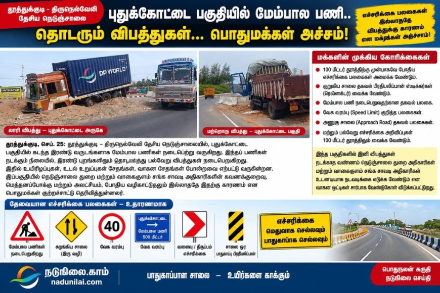தூத்துக்குடி–திருநெல்வேலி தேசிய நெடுஞ்சாலையில் தொடரும் விபத்துகள்! - அலட்சியம் தவிர்க்க வேண்டும் அதிகாரிகள்